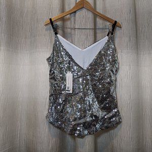 HaoDuoYi Sequin V- Neck Spaghetti Strap Top